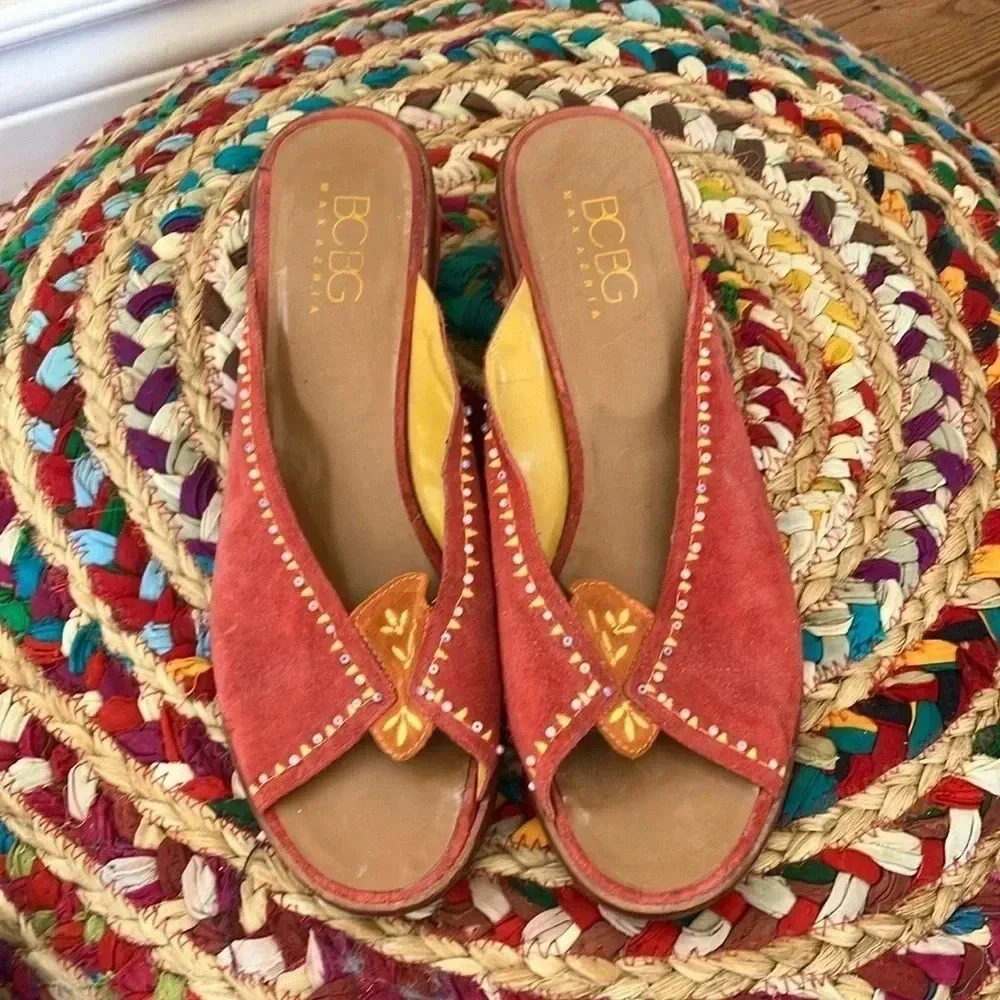 BCBGMaxAzria  red yellow pearl suede leather mules